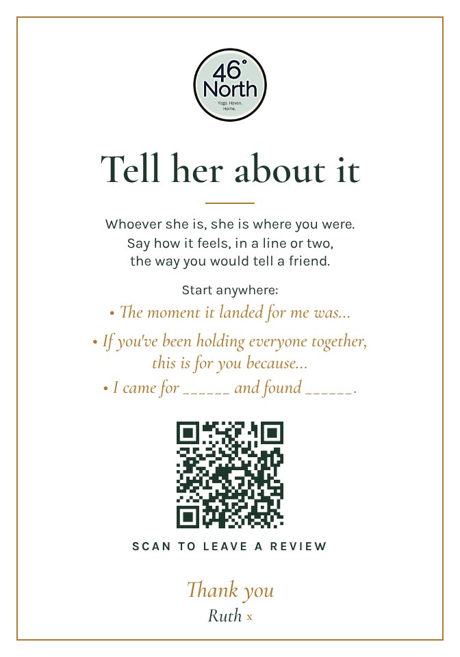 Card: Tell her about it. Scan to leave a review.